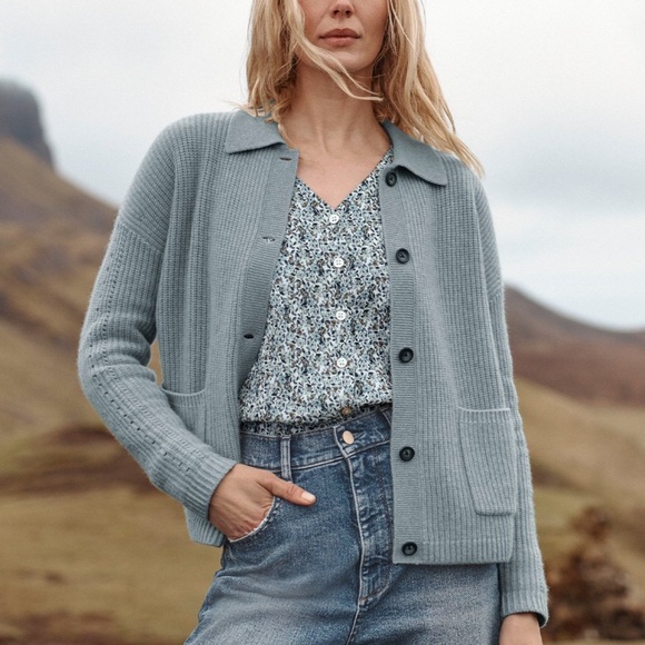 Garnet Hill Ida 100% Cashmere Button Front Cardigan Womens M Light Blue - Picture 2 of 8